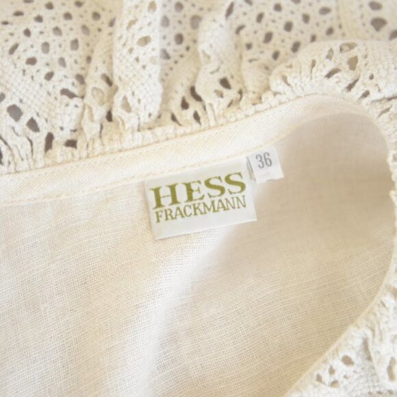 Vintage 1970s Boho Crochet Bib Collar Linen Blouse Sz M - Picture 4 of 9